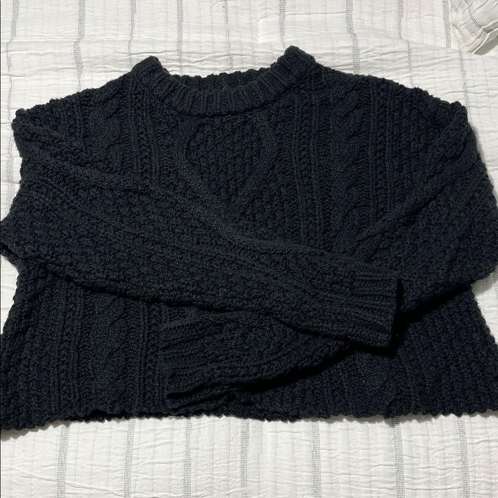 Free People Black Cable Crewneck Sweater